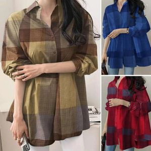 Women's Blouses Casual Women Blouse Stylish Colorblock Cardigan Trendy Loose Spring/fall Shirt With Turn-down Collar Patchwork