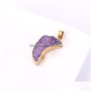 Hänghalsband Natural Crystal Stone Gold Plated Druzy Moon Shape Pendant Halsband med Chain Party Club Jewelry for Women Men Dro DHS7O