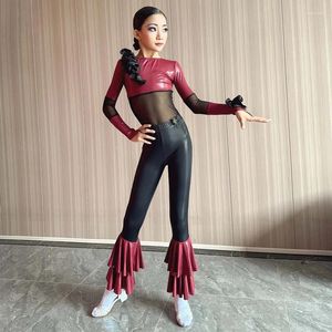 Stage Wear Children'S Ballroom Dance Competition Clothes Girls Samba Latin Costumes Long Sleeves Top Flared Pants SL9822