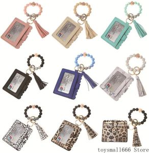 Fashion PU Leather Bracelet Wallet Keychain Party Favor Tassels Bangle Key Ring Holder Card Bag Silicone Beaded Wristlet Keychains2034150