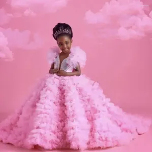 Abiti da ragazza Abiti da ballo rosa lussuosi con cristalli scintillanti con scollo a V in tulle Abiti da spettacolo di compleanno per bambini piccoli