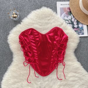 Toppar sexiga bandage tube top chic stropplös camis smala koreanska tankar eleganta grundläggande skörd sommar kvinnor bustier