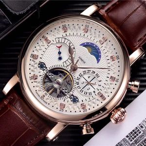 Luxury Men Automatic Mechanical Watch With Leather Strap Diamond Watchmen Accents & Moon Phase - Elegant Timepiece For Father's Day