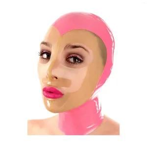 Bras sätter Monnik Full Cover Latex Rubber Hood Mask Open Eyesmouth Pink Transparent med bakre dragkedja handgjorda för Catsuit Party