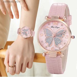 Andra klockor Casual Round Pointer Quartz Cute Rhinestone Butterfly Pattern Dial Analog Dress Gift for Women Girls Y240316