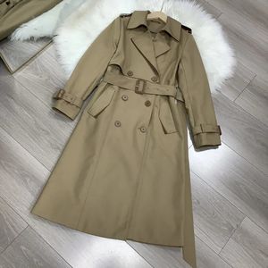 Double breasted belt lapel khaki long trench coats OL elegant twill cotton trench S-XL 240306