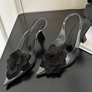 Klädskor blommor transparent pvc slingback high klackade sandaler kvinnor 2024 Black Pointy Toe Design Heels Party Mule Shoe Pumps