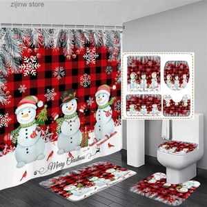 Cortinas de chuveiro engraçado boneco de neve natal cortina de chuveiro conjunto abeto ramo floco de neve búfalo xadrez ano novo natal decoração do banheiro tapete de banho capa de banheiro y240316