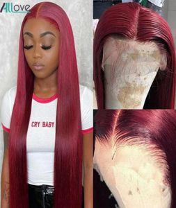 Allove 30 32 Inch 99j Colored Wig Burgundy Color Straight PrePlucked Human Hair Wigs Transparent HD Lace Front Wig Body Wave for 1793166