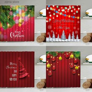 Shower Curtains Red Merry Christmas Shower Curtain New Year Themed Bathroom Christmas Tree Balls Holiday Poster Gift Home Decor With Hook Screen Y240316