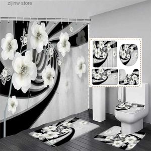 Shower Curtains Fashion Pearl Floral Shower Curtain Set Grey Black Geometric Stripe Curtains With Bath Mat Toilet Lid Cover Bathroom Decoration Y240316