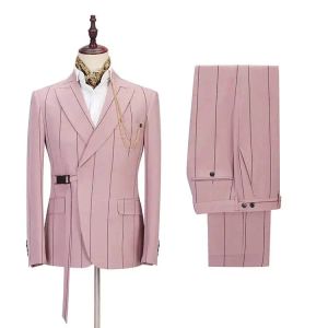 Suits 2023 Costume Homme Fashion Wide Stripe Wedding Men Suits with Belt Party Prom Slim Fit Tuxedo Groom Terno Masculino Blazer 2 Pcs