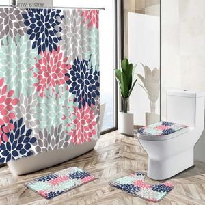 Tende da doccia Astratti motivi floreali geometrici Tenda da doccia Set Pittura a colori Decorazioni artistiche Tappetino da bagno Coperchio del WC Flanella Tappeto da bagno Y240316