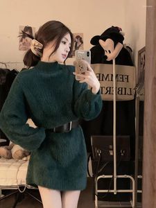 Casual Dresses Sweet Girl Half High Neck Elegant Sticked Dress for Women's Winter Furry Slim Fit A-Line Short Fashion Female Clothes