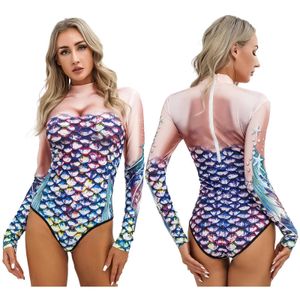 Costumi da bagno da donna Nuove donne Stampa squame di pesce Costume da bagno Costume da bagno con maniche lunghe Cerniera Tuta Nuoto Costume da bagno Surf Costumi da bagno per Party ClubwearC24315