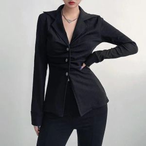 Serbatoi Deeptown Black Tight Shirt Women Women Elegant Long Sleeve Blouse Vneck Button Up Ladies Tops Mujer Spring 2022 Case Slim Slim