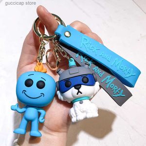 Keychains Lanyards Anime Rick and Morti Keychain Cute Cartoon Figure Keyring Fashion Bag Pendent Car Key Accessories Jewelry Kids Toy Xmas Gifts Y240316