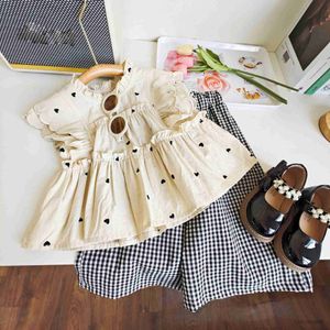 Conjuntos de roupas 2023 verão novas meninas conjunto renda manga polka dot topo xadrez + calças perna larga duas peças conjunto casual bebê meninas roupas terno