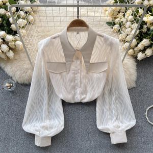 Women's Blouses Chiffon Blusas Top Women Turn-down Collar Single Breasted Button Blouse Womens Sheer Autumn Camisas Female Fashion Drop