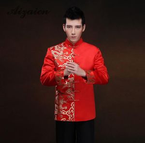 Rosso manica lunga sposo brindisi abbigliamento vestito cinese drago uomo raso cheongsam top costume vestito di linguetta abito da sposa tradizionale4956510