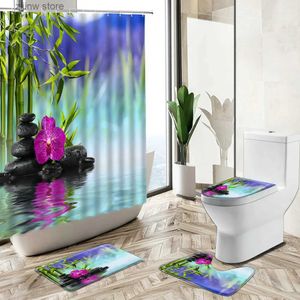 Duschgardiner zen grön bambu sten landskap dusch gardin spa växt blomma orkidé fjäril hem non-halp matta toalett täcker badrum deco set y240316