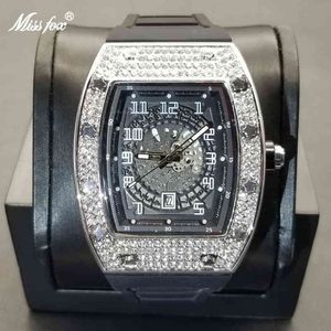 MISSFOX 2021 Новое поступление Tonneau мужские часы Iced Out полный бриллиантовый резиновый ремешок часы с полым циферблатом дизайн роскошные спортивные мужские часы 270O