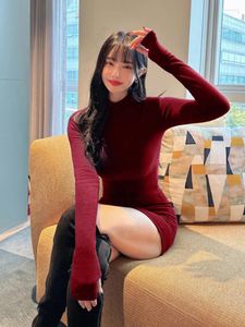 Casual Dresses WOMENGAGA Korea 2024 Autumn/Winter Style Slim Half High Neck Long Sleeves Hip Sexy Korean Women 8FCL