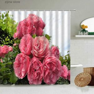 Dusch gardiner ros blommig landskap dusch gardin växt blomma natur fotografi kärlek par badrum vägg deco med krok vattentät skärm y240316