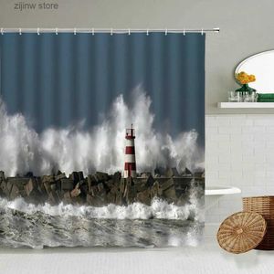 Shower Curtains Navy Lighthouse Shower Curtain Sea Sunset Natural Scenery Bathroom Waterproof Polyester Curtains Home Decoration With Hook Set Y240316