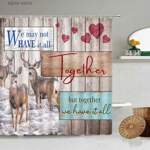 Shower Curtains Animal Elk Shower Curtain Retro Farm Wooden Creative Aphorism Winter Snow Nature Scenery Bathroom Decor Fabric Bath Curtains Set Y240316