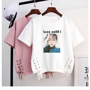 Small fresh short sleeved t-shirt for female students loose fitting Korean version sweet summer new cute and versatile Instagram lace up clothes