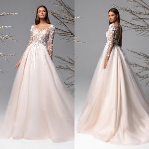 Proste suknie ślubne aplikacje 3D-płaskie koronkowe suknie ślubne łuk Line Bride sukienki o szyję na szyję