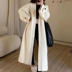 Malhas femininas outono inverno mulheres blusas de malha longo cardigan casacos casuais moda com decote em v jaquetas cor sólida senhoras solto outerwear