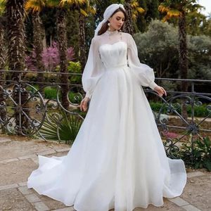 Clássico linha a vestido de casamento com decote em v 2024 alta pescoço mangas compridas organza noiva vestidos formais de novias robe de mariage
