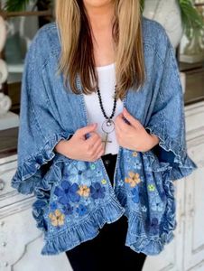 Vintage Cute Floral Splicing Pocket Denim Jacket Female Fashion Streetwear Lapel 34 Sleeves Ruffle Cardigan Loose Women Coat 240311