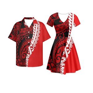 Serbatoi polinesiano Tonga tribale tongano totem tatuaggio stampe rosse coppia vestiti abiti da donna abbinamenti camicia da uomo abbigliamento da festa abbigliamento da isola