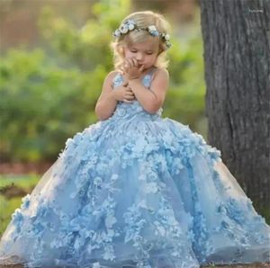 Girl Dresses Luxury Sky Blue Flower Ball Gown 3D Flowers Beautiful Girls Pageant Dress First Birthday Party For