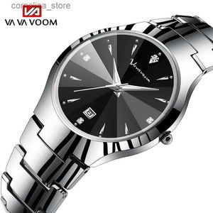 Other Watches VA VOOM Womens Tungsten Steel Silver Black Rhinestone Cut Mirror Face Casual Fashion Travel Jewelry Wristes Y240316