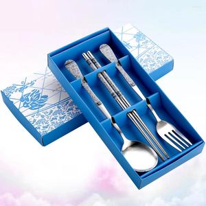Servis uppsättningar 3st rostfritt stål pinnar gaffel bestick set utomhus bärbar server av pinnsked (blått blått och vitt