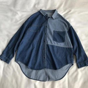 Women's Blouses DUOFAN Denim Shirt Womens Clothes Asymmetric Patchwork Jacket Ladies Blouse Spring Autumn Stripe Design Loose Cardigan Top