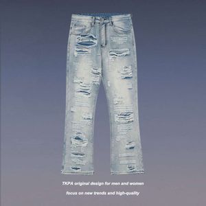 Designer jeans för män och kvinnor High Street Hip Hop -märke tvättade, slitna, repade löst breda ben Micro Fleared Jeans Herrmode