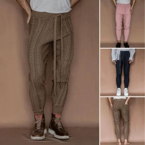 Calças masculinas de malha calças finas moda mid-rise bolsos com cordão com nervuras calças masculinas inverno quente fio de lã