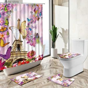 Shower Curtains Tower Scenery Shower Curtain Colorful Butterfly Flower Romantic Paris Home Decor Bath Mat Toilet Lid Cover Bathroom Carpet Set Y240316