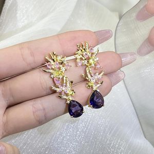 Brincos de garanhão criativo oco flores folhas borboleta oval ametista cheio de diamantes para mulheres prata dia dos namorados presente jóias