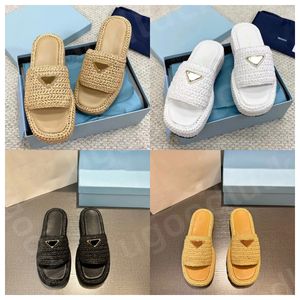 Designer women's platform slippers beach sandals wear new P home metal triangle label rattan grass woven flip-flops female summer