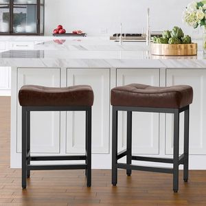 Bar Stools Set of 2, Counter Height 24" Barstools, Modern Upholstered Counter Stool, PU Leather Backless Saddle Stool for Kitchen Island or Home Bar, Brown