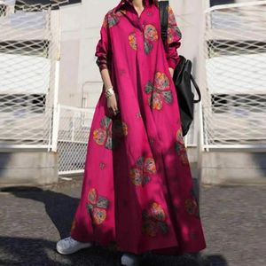 Sıradan Elbiseler Etnik Tarz Elbise Bohem Çiçek Baskı Maksi Dönüş Yakası Uzun Kollu Kadınlar İçin Maksi Artı Boyut