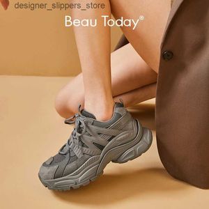 Dress Shoes BEAUTODAY Chunky Sneakers Women Leather Mesh Cross Tied 2023 Large Size Sports Thick Sole Summer Trainers Shoes Handmade A29462 Q240316