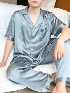 Haze Blue Luxe Silk Pajama Set 19 mm czysty 100% jedwabny pół -rękaw Krótki PJ dla mężczyzn Summer Sleepar Solid Kolor granatowy 240313