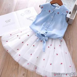 Set di abbigliamento Set di abbigliamento per ragazze estive T-shirt a maniche corte in denim coreano + Gonna a vita alta 2 pezzi Abbigliamento per bambini per bambini Abbigliamento per bambini